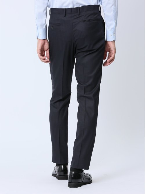 光沢ウール混 スリムフィット 2ボタン3ピーススーツ シャドーストライプ紺