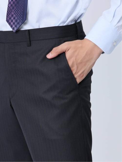 光沢ウール混 スリムフィット 2ボタン3ピーススーツ シャドーストライプ紺