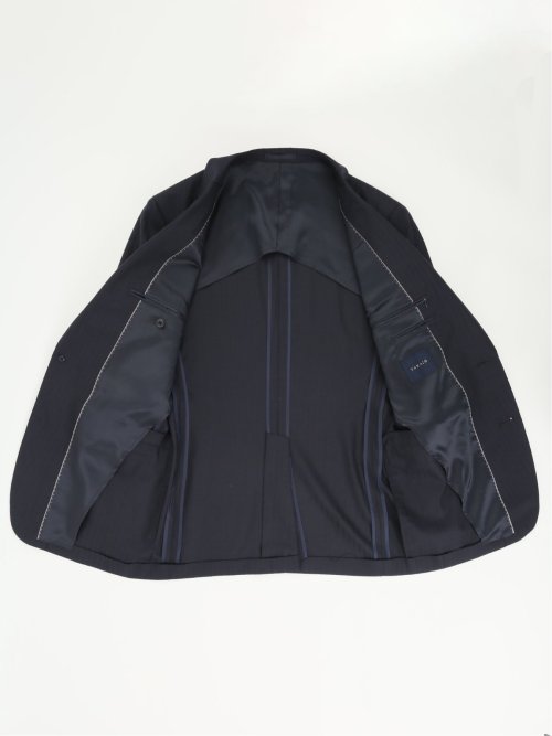 光沢ウール混 スリムフィット 2ボタン3ピーススーツ シャドーストライプ紺