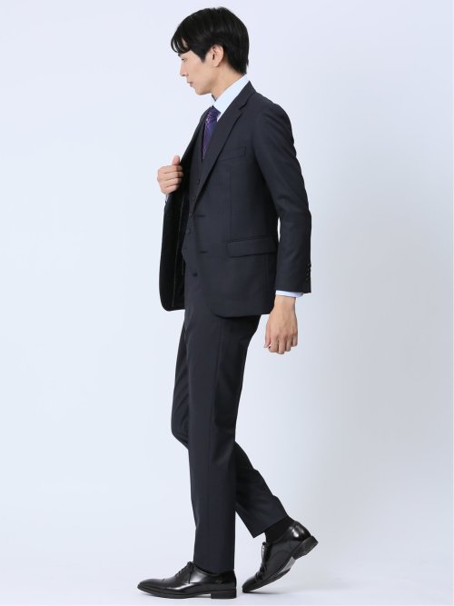 光沢ウール混 スリムフィット 2ボタン3ピーススーツ シャドーストライプ紺