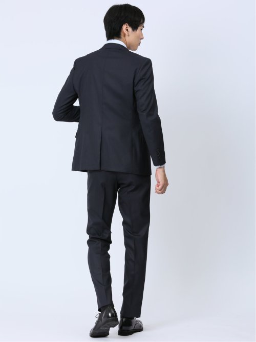 光沢ウール混 スリムフィット 2ボタン3ピーススーツ シャドーストライプ紺