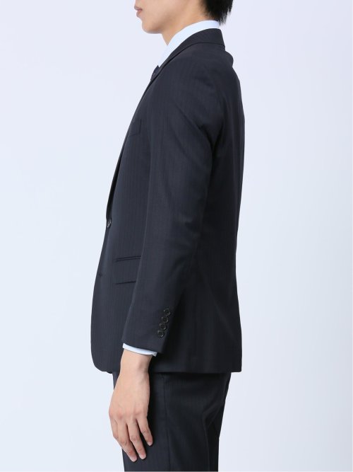 光沢ウール混 スリムフィット 2ボタン3ピーススーツ シャドーストライプ紺