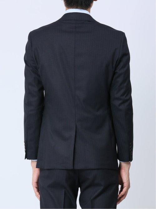 光沢ウール混 スリムフィット 2ボタン3ピーススーツ シャドーストライプ紺