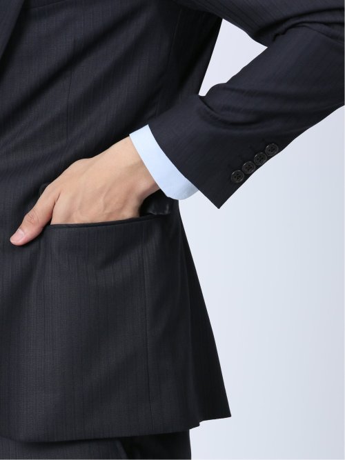 光沢ウール混 スリムフィット 2ボタン3ピーススーツ シャドーストライプ紺