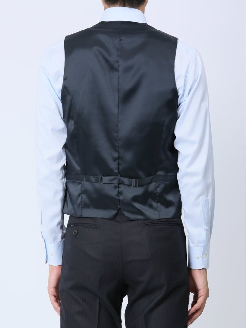 光沢ウール混 スリムフィット 2ボタン3ピーススーツ シャドーストライプ紺