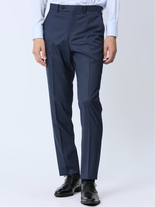 光沢ウール混 スリムフィット 2ボタン3ピーススーツ 組織青