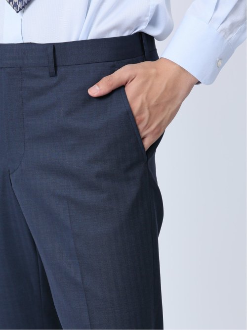 光沢ウール混 スリムフィット 2ボタン3ピーススーツ 組織青