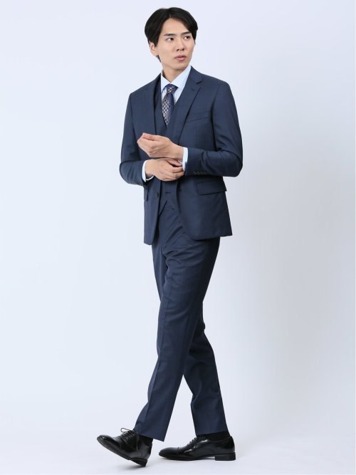 光沢ウール混 スリムフィット 2ボタン3ピーススーツ 組織青