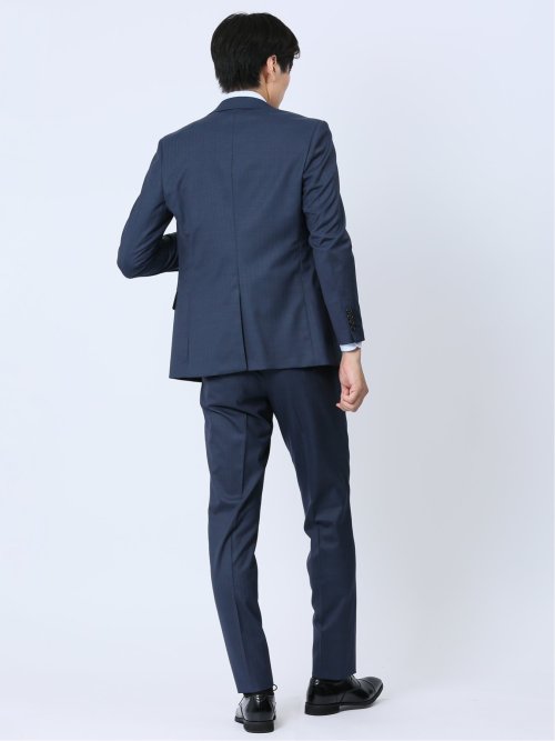 光沢ウール混 スリムフィット 2ボタン3ピーススーツ 組織青
