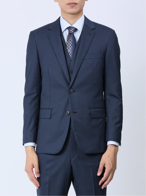 光沢ウール混 スリムフィット 2ボタン3ピーススーツ 組織青