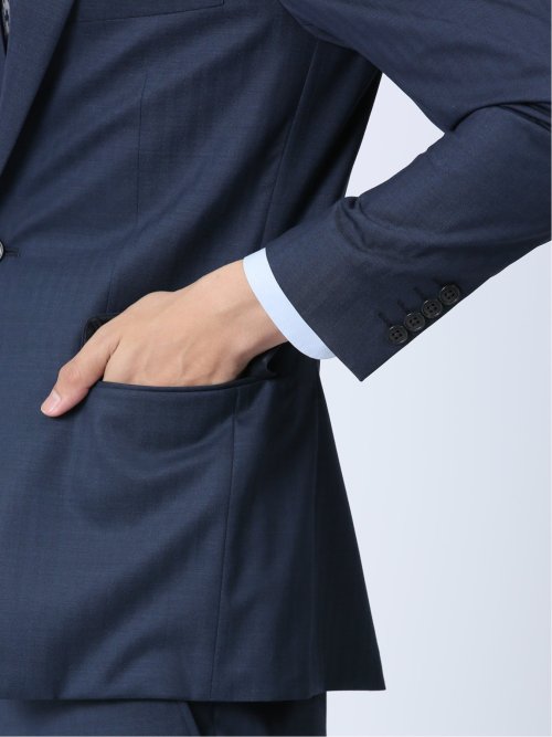 光沢ウール混 スリムフィット 2ボタン3ピーススーツ 組織青