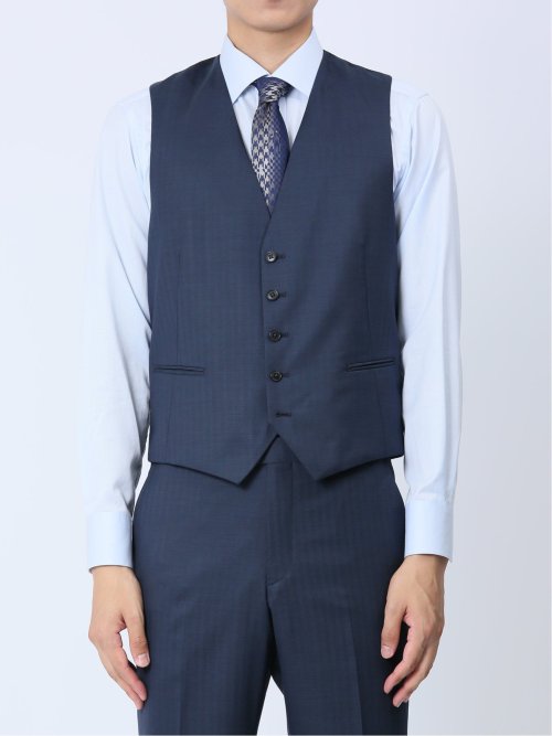 光沢ウール混 スリムフィット 2ボタン3ピーススーツ 組織青