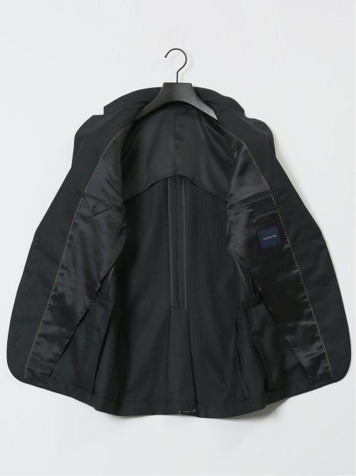 光沢ウール混 レギュラーフィット 2ボタン3ピーススーツ ストライプ黒