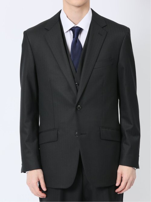 光沢ウール混 レギュラーフィット 2ボタン3ピーススーツ ストライプ黒