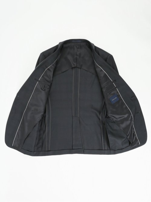 光沢ウール混 スリムフィット 2ボタン3ピーススーツ 組織黒