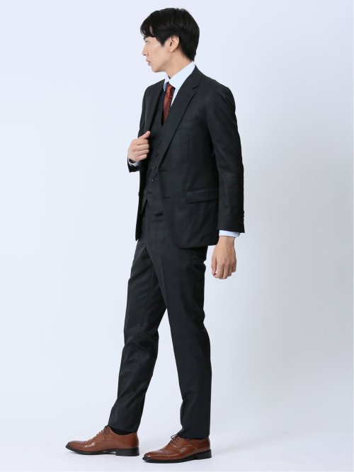 光沢ウール混 スリムフィット 2ボタン3ピーススーツ 組織黒
