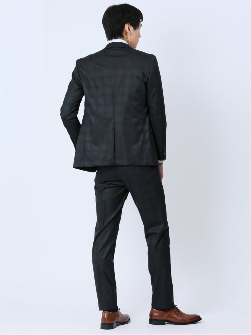 光沢ウール混 スリムフィット 2ボタン3ピーススーツ 組織黒