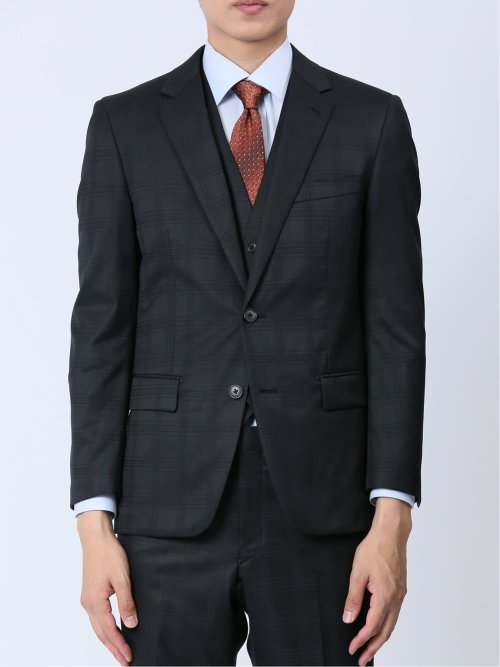 光沢ウール混 スリムフィット 2ボタン3ピーススーツ 組織黒