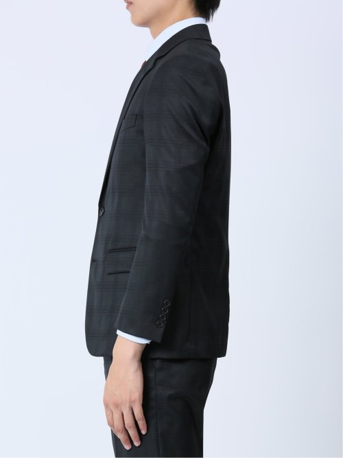 光沢ウール混 スリムフィット 2ボタン3ピーススーツ 組織黒