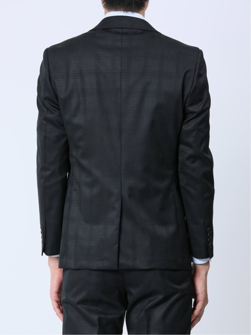 光沢ウール混 スリムフィット 2ボタン3ピーススーツ 組織黒