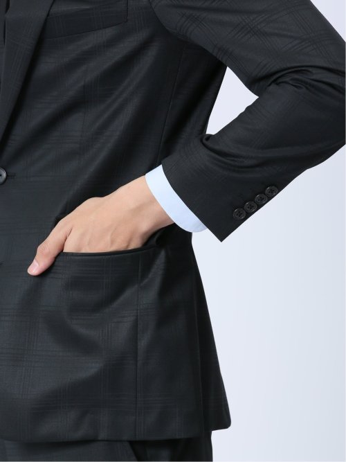 光沢ウール混 スリムフィット 2ボタン3ピーススーツ 組織黒