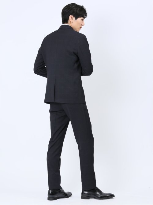 ストレッチウォッシャブル レギュラーフィット 2ボタン2パンツスーツ チェック紺