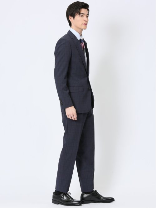 ストレッチウォッシャブル スリムフィット 2ボタン2ピーススーツ チェック紺