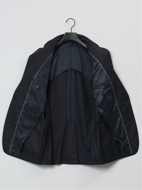 光沢ウール混 スリムフィット 2ボタン3ピーススーツ 組織紺