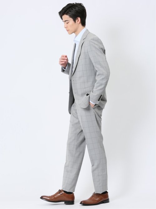 ストレッチウォッシャブル スリムフィット 2ボタン2ピーススーツ チェックライトグレー