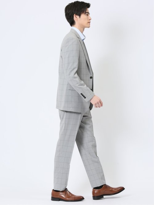 ストレッチウォッシャブル スリムフィット 2ボタン2ピーススーツ チェックライトグレー