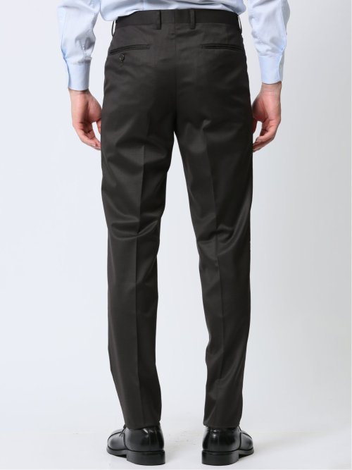 光沢ウール混 スリムフィット 2ボタン3ピーススーツ 組織こげ茶