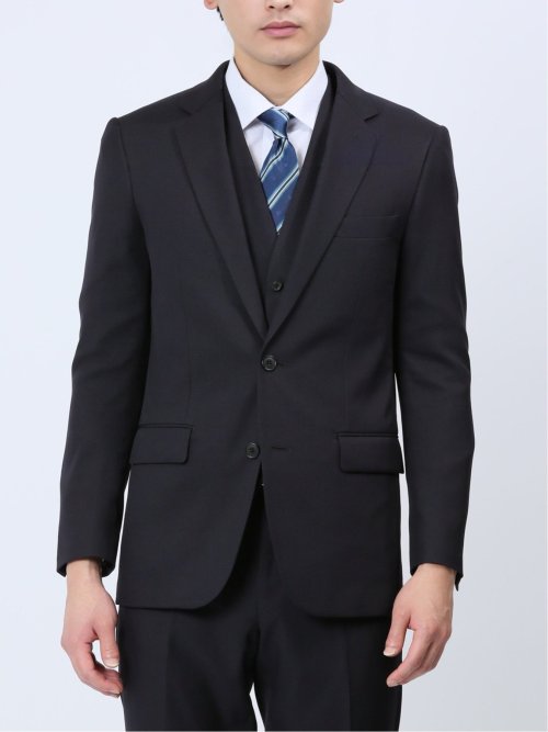 ストレッチウォッシャブル スリムフィット 2ボタン3ピーススーツ チェック紺