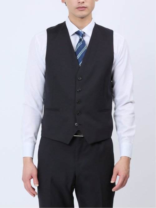 【美品】ORIHICAスーツ　AB5 3ピース　紺色チェック　ストレッチ スーパーノンアイロンストレッチシャツ ラップネックカラー 織柄