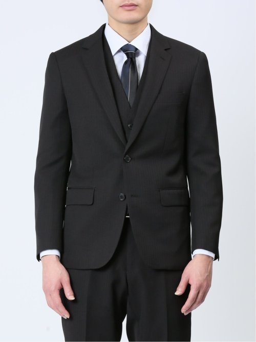 ストレッチウォッシャブル スリムフィット 2ボタン3ピーススーツ ストライプ黒