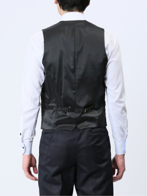 光沢ウール混 スリムフィット 2ボタン3ピーススーツ シャドーチェック紺