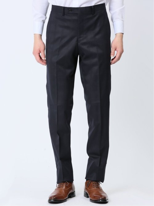 光沢ウール混 スリムフィット 2ボタン3ピーススーツ シャドーチェック紺