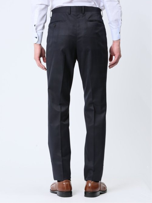 光沢ウール混 スリムフィット 2ボタン3ピーススーツ シャドーチェック紺