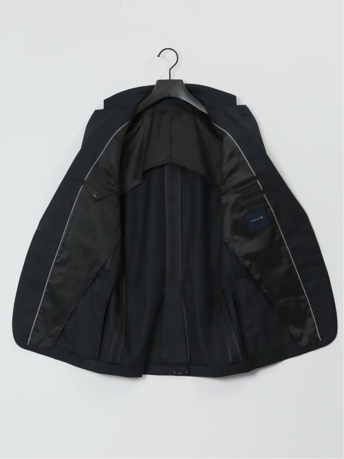 光沢ウール混 スリムフィット 2ボタン3ピーススーツ シャドーチェック紺