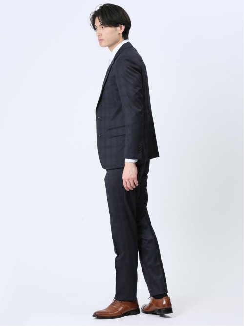 光沢ウール混 スリムフィット 2ボタン3ピーススーツ シャドーチェック紺