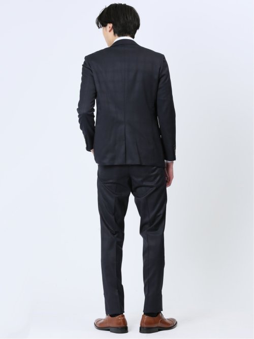 光沢ウール混 スリムフィット 2ボタン3ピーススーツ シャドーチェック紺