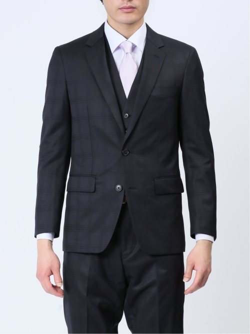 光沢ウール混 スリムフィット 2ボタン3ピーススーツ シャドーチェック紺