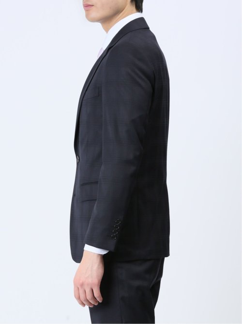 光沢ウール混 スリムフィット 2ボタン3ピーススーツ シャドーチェック紺