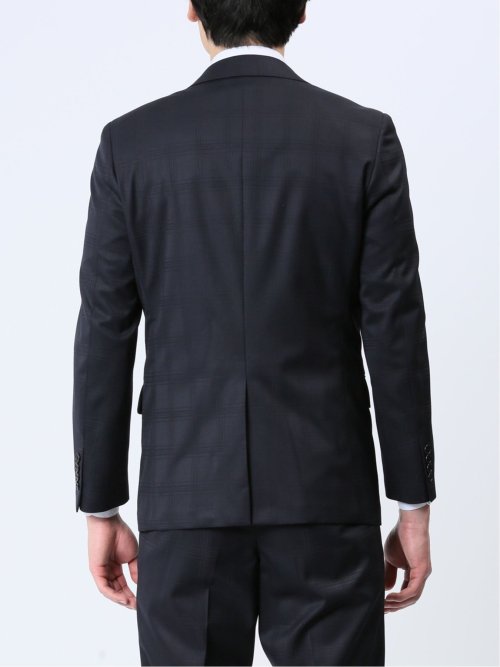 光沢ウール混 スリムフィット 2ボタン3ピーススーツ シャドーチェック紺