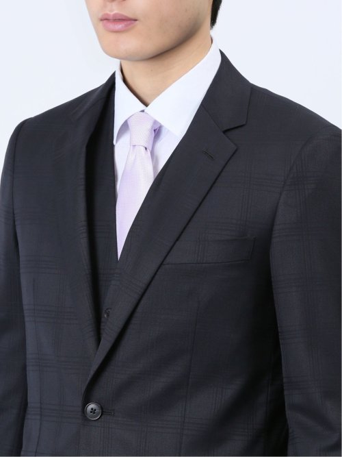 光沢ウール混 スリムフィット 2ボタン3ピーススーツ シャドーチェック紺