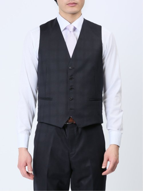 光沢ウール混 スリムフィット 2ボタン3ピーススーツ シャドーチェック紺