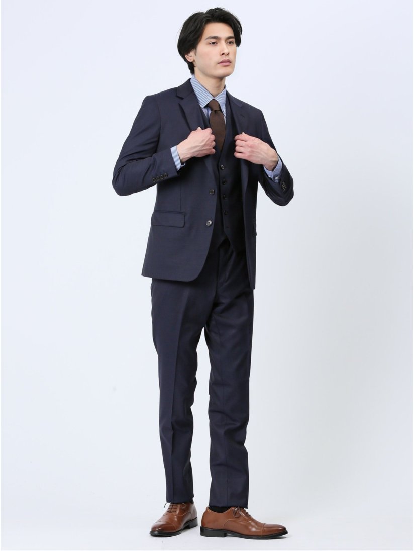 光沢ウール混 スリムフィット 2ボタン3ピーススーツ シャドー  