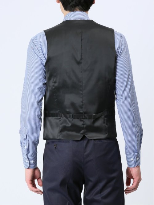 光沢ウール混 スリムフィット 2ボタン3ピーススーツ シャドーストライプ紺