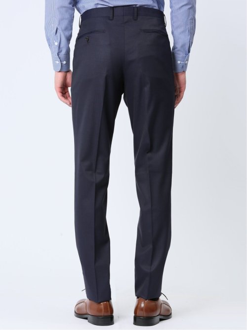 光沢ウール混 スリムフィット 2ボタン3ピーススーツ シャドーストライプ紺