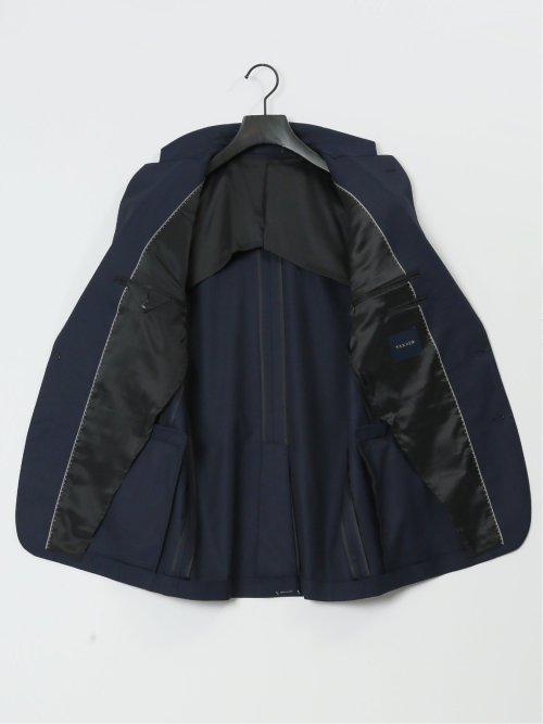 光沢ウール混 スリムフィット 2ボタン3ピーススーツ シャドーストライプ紺