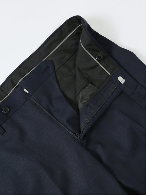 光沢ウール混 スリムフィット 2ボタン3ピーススーツ シャドーストライプ紺